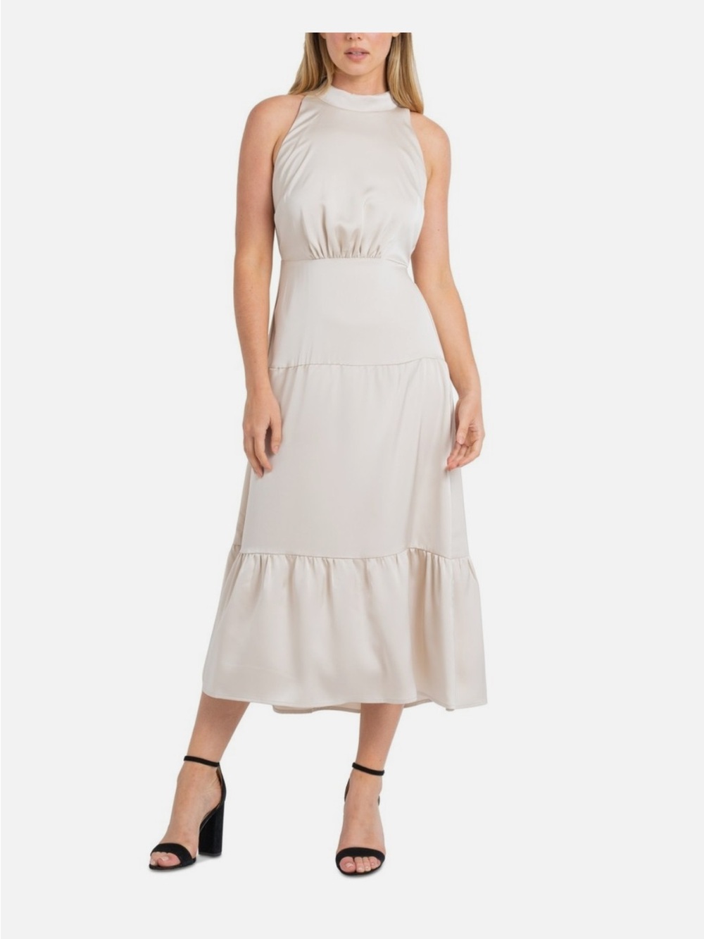 Same Edelman Sleeveless High-Neck Tiered Midi Dress in Cream